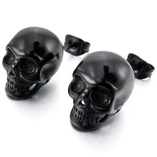 Men's Stainless Steel Stud Earrings Silver Tone Black Skull