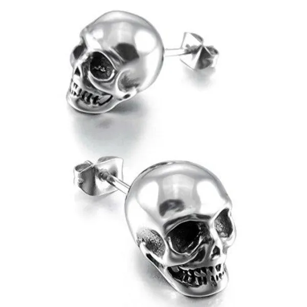 Men's Stainless Steel Stud Earrings Silver Tone Black Skull