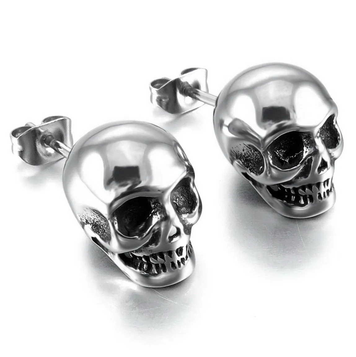 Men's Stainless Steel Stud Earrings Silver Tone Black Skull