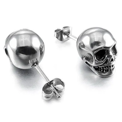 Men's Stainless Steel Stud Earrings Silver Tone Black Skull