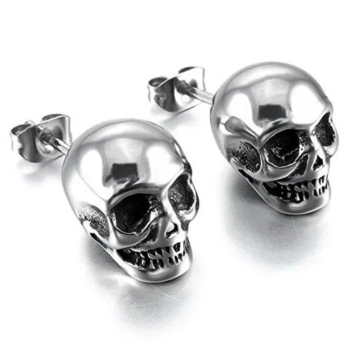 Men's Stainless Steel Stud Earrings Silver Tone Black Skull