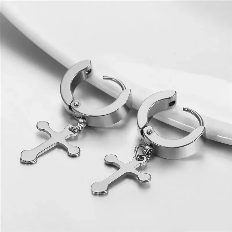 Men's Stainless Steel Stud Earrings Silver Tone Round Cross Pendant Vintage