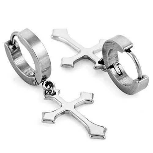 Men's Stainless Steel Stud Earrings Silver Tone Round Cross Pendant Vintage