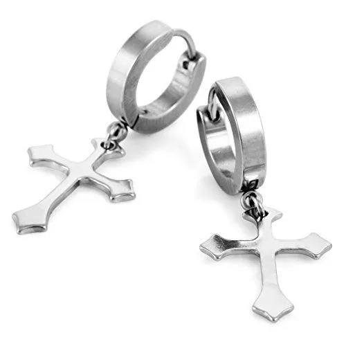 Men's Stainless Steel Stud Earrings Silver Tone Round Cross Pendant Vintage