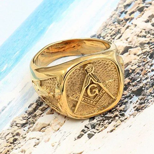 Men's Womens Masonic Ring 18K Gold Plated Freemason Symbol Ring