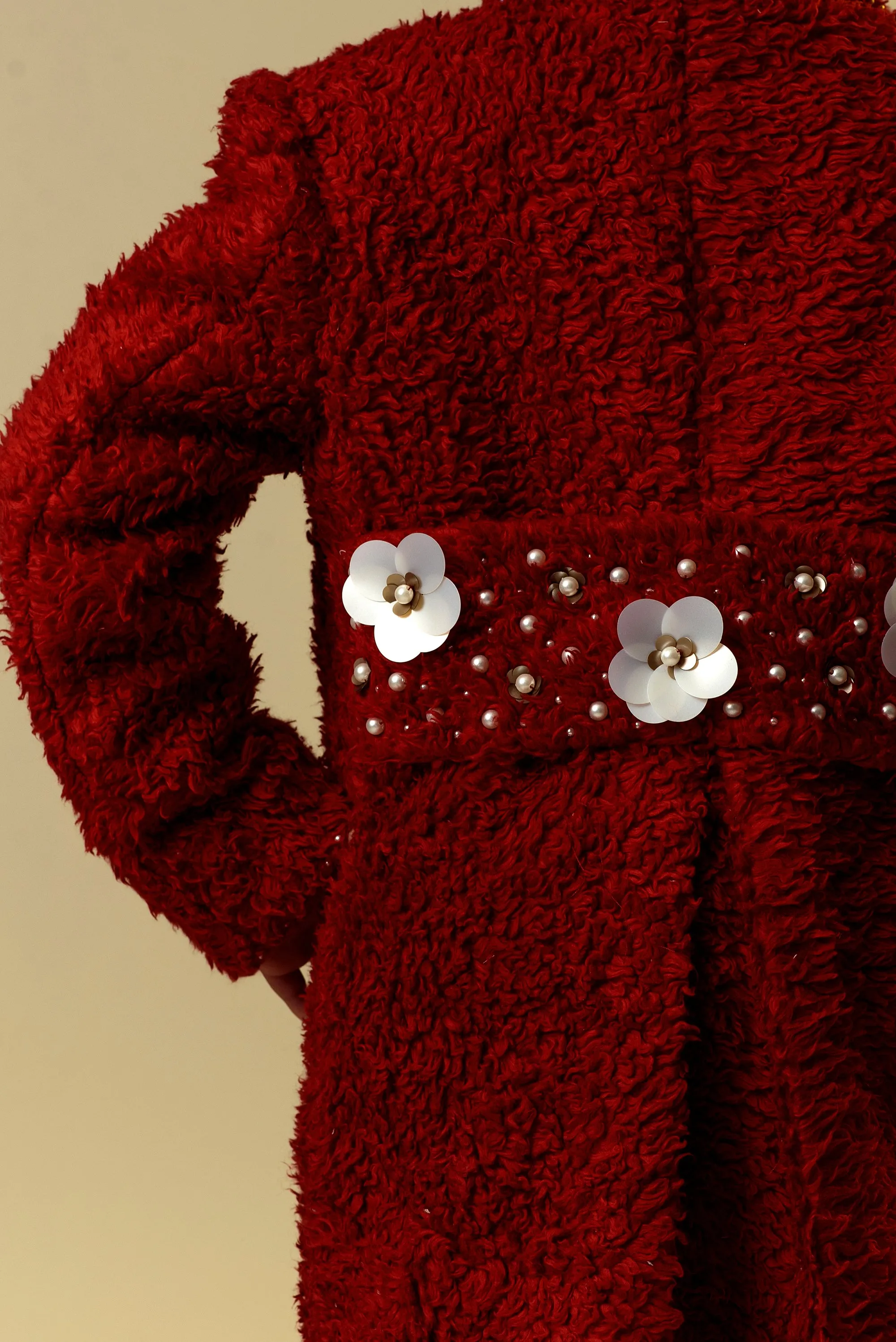 Merry & Bright- Red Organic Sherpa Long Coat With Woollen Dress For Girls