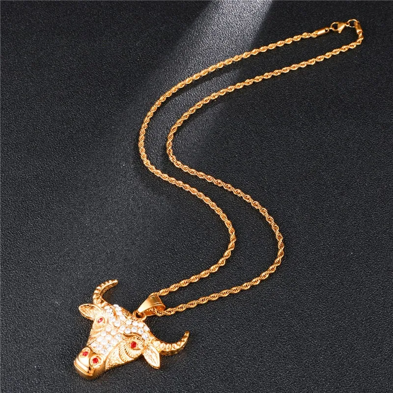 Micro Paved Rhinestone-Studded Gold-Plated Bull Head Bling 316L Stainless Steel Hip-hop Pendant Necklace