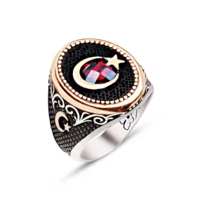 Moon and Star Around Facet Cut Red Zircon Stone Ellipse Silver Men’s Ring Siding Bush Pattern and Dimond Pattern and Moon and Star