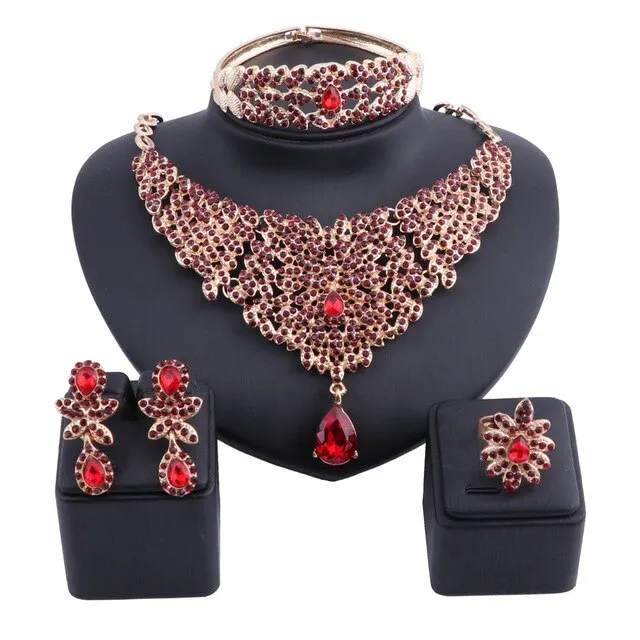 Moroccan Style Crystal and Rhinestone Necklace, Bracelet, Earrings & Ring Wedding Jewelry Set