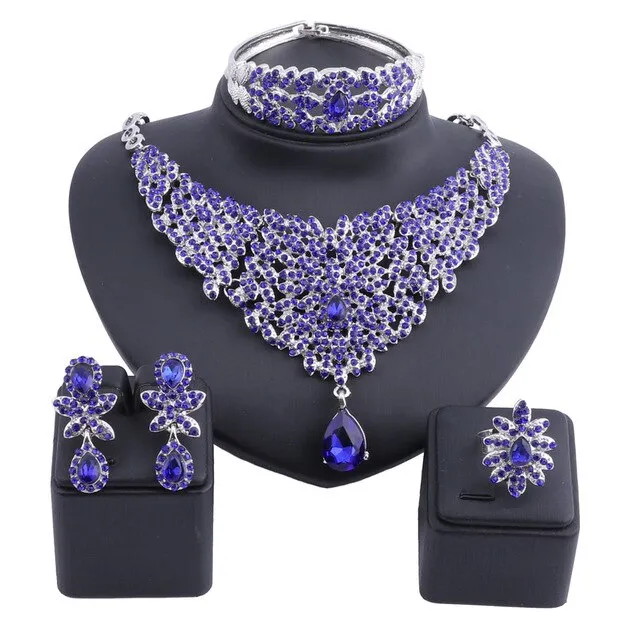 Moroccan Style Crystal and Rhinestone Necklace, Bracelet, Earrings & Ring Wedding Jewelry Set