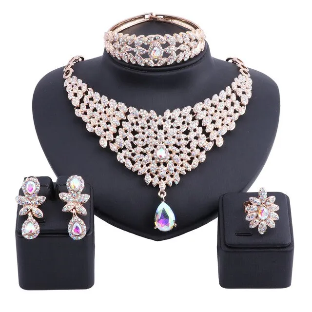 Moroccan Style Crystal and Rhinestone Necklace, Bracelet, Earrings & Ring Wedding Jewelry Set