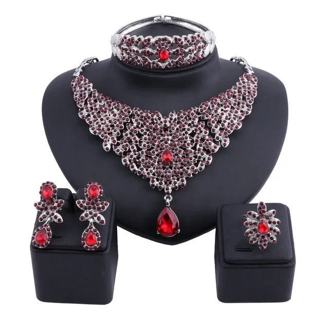 Moroccan Style Crystal and Rhinestone Necklace, Bracelet, Earrings & Ring Wedding Jewelry Set