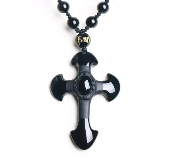 Obsidian Cross Pendant with Beaded Macrame Rope Necklace