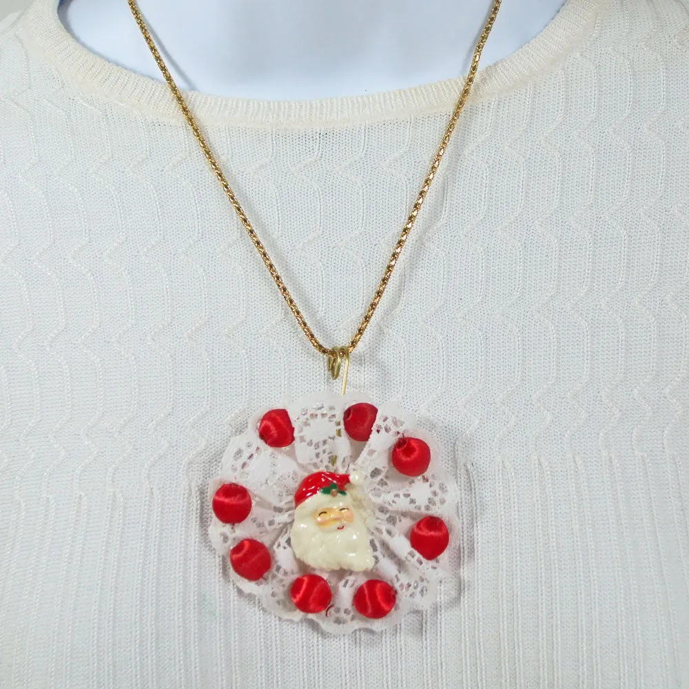 Paola, Christmas Santa Clause Face, White Lace Brooch Pendant, Necklace