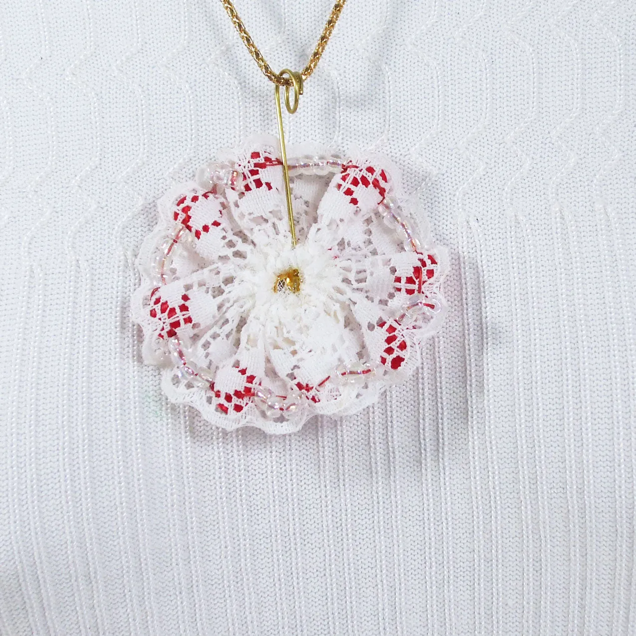 Paola, Christmas Santa Clause Face, White Lace Brooch Pendant, Necklace