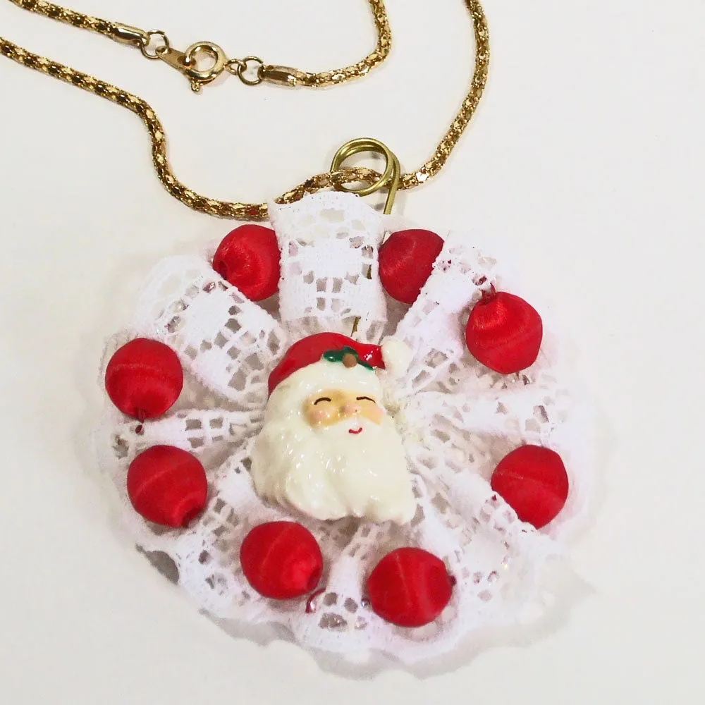 Paola, Christmas Santa Clause Face, White Lace Brooch Pendant, Necklace