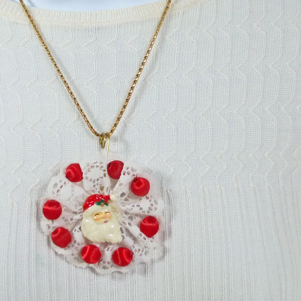 Paola, Christmas Santa Clause Face, White Lace Brooch Pendant, Necklace