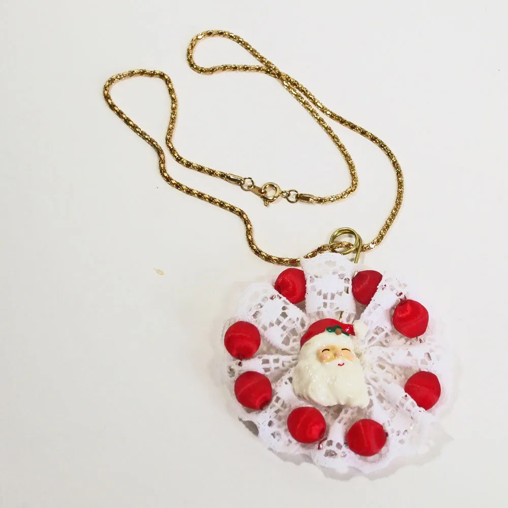 Paola, Christmas Santa Clause Face, White Lace Brooch Pendant, Necklace