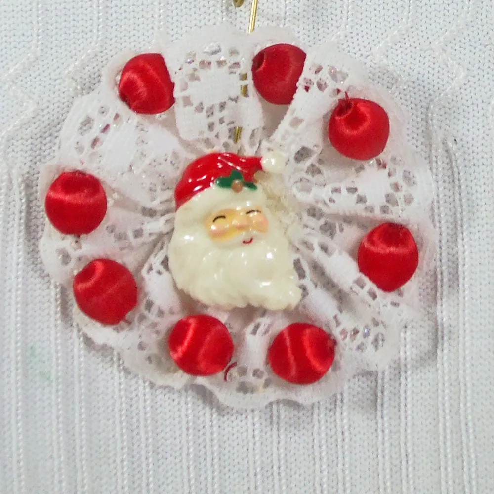 Paola, Christmas Santa Clause Face, White Lace Brooch Pendant, Necklace