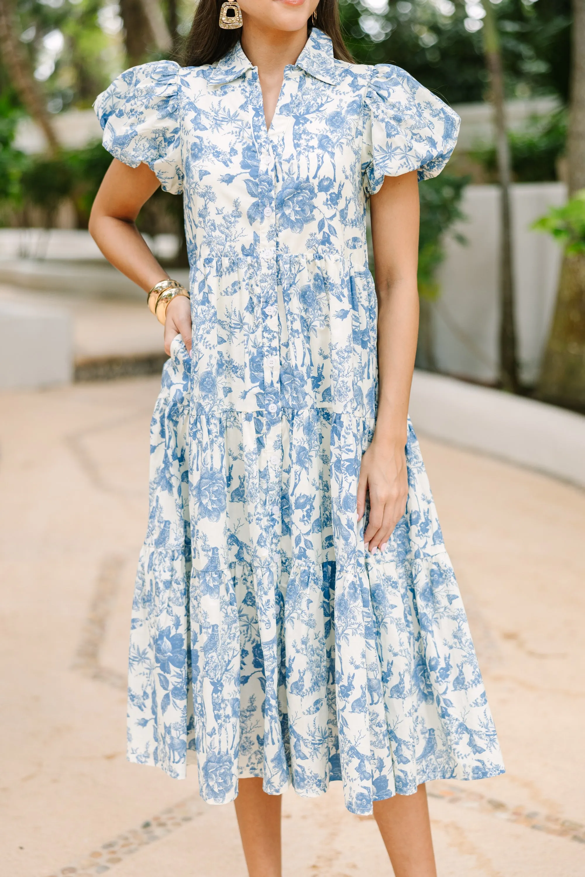 Perfect For You Blue Toile Button Down Midi Dress