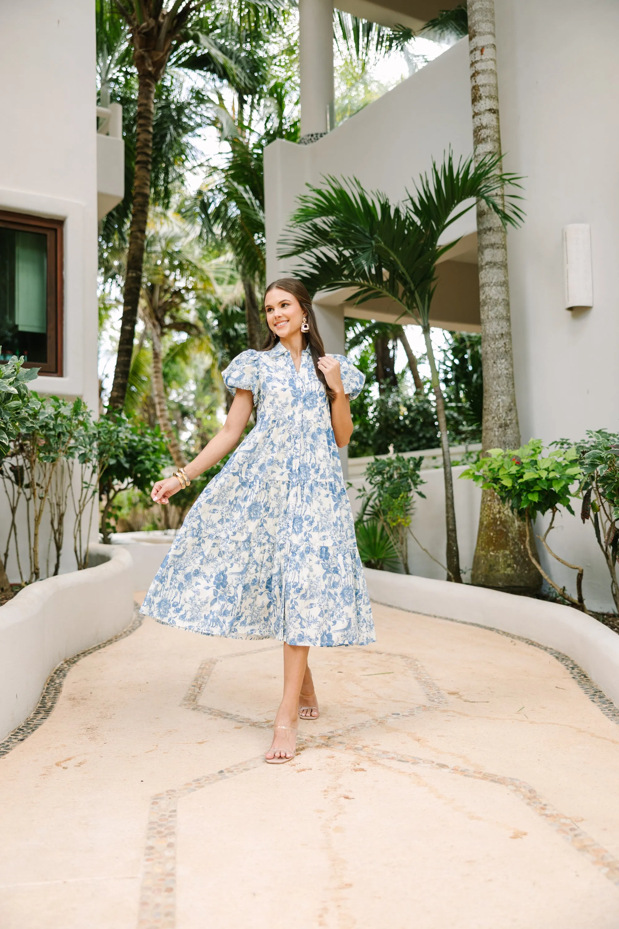 Perfect For You Blue Toile Button Down Midi Dress