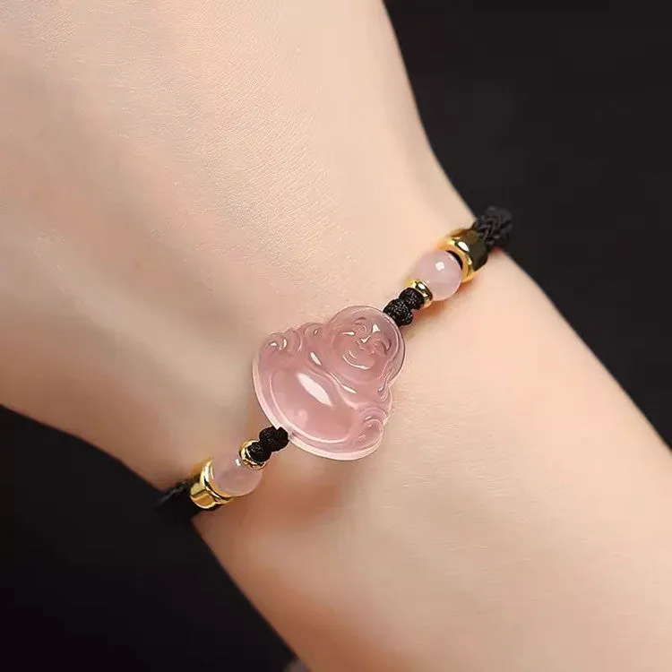 Pink Crystal Laughing Buddha String Bracelet