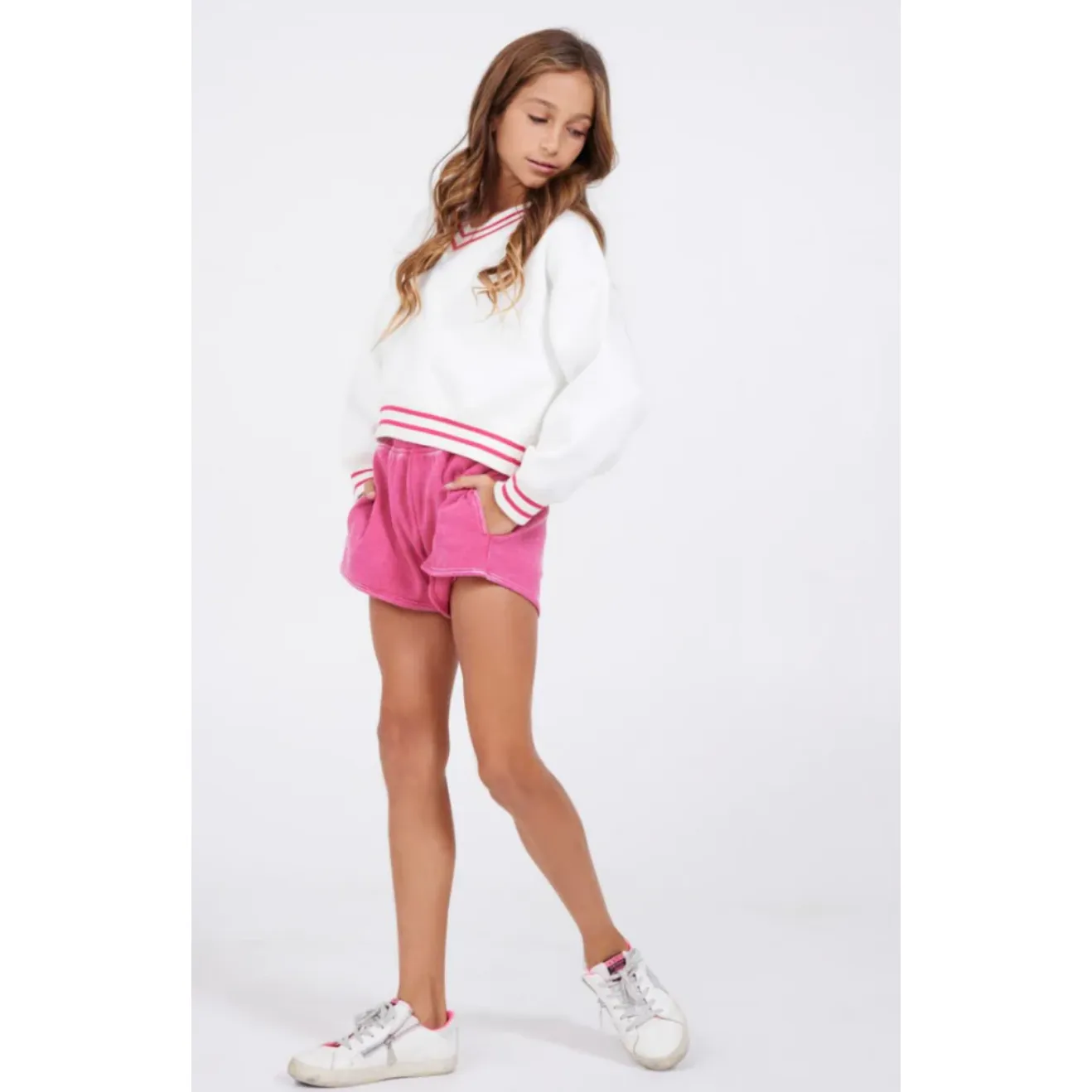 pink stripe long sleeve v-neck   blue baja hoodie   pink ribbed athletic short