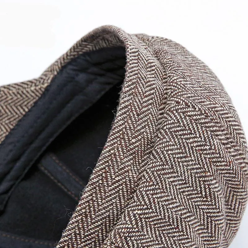 Retro Warm Tweed Herringbone Octagonal Newsboy Cap with Buttons