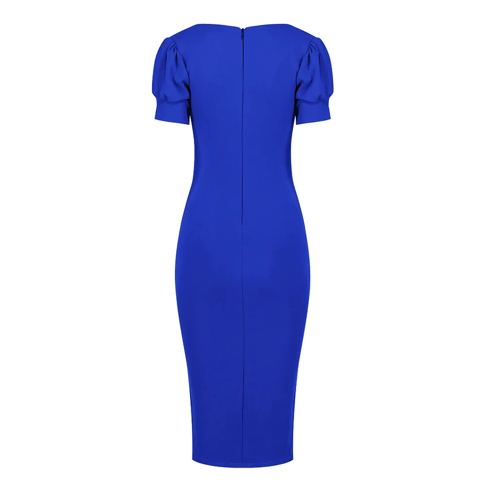 Royal Blue Puff Sleeve V Neck Bodycon Pencil Dress