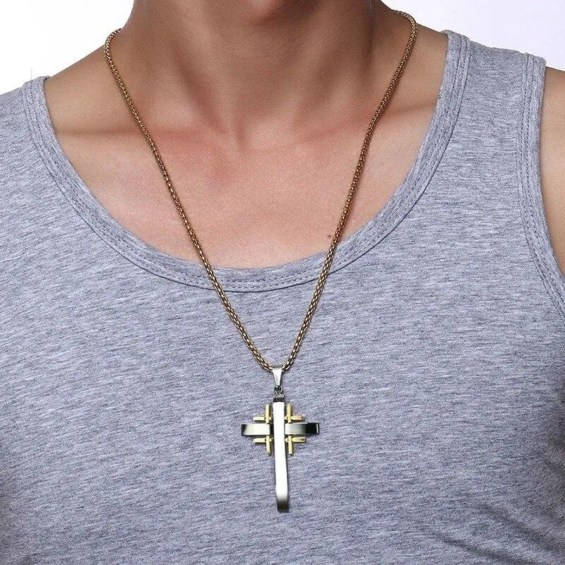 Silver and Gold Jerusalem Cross Pendant Necklace