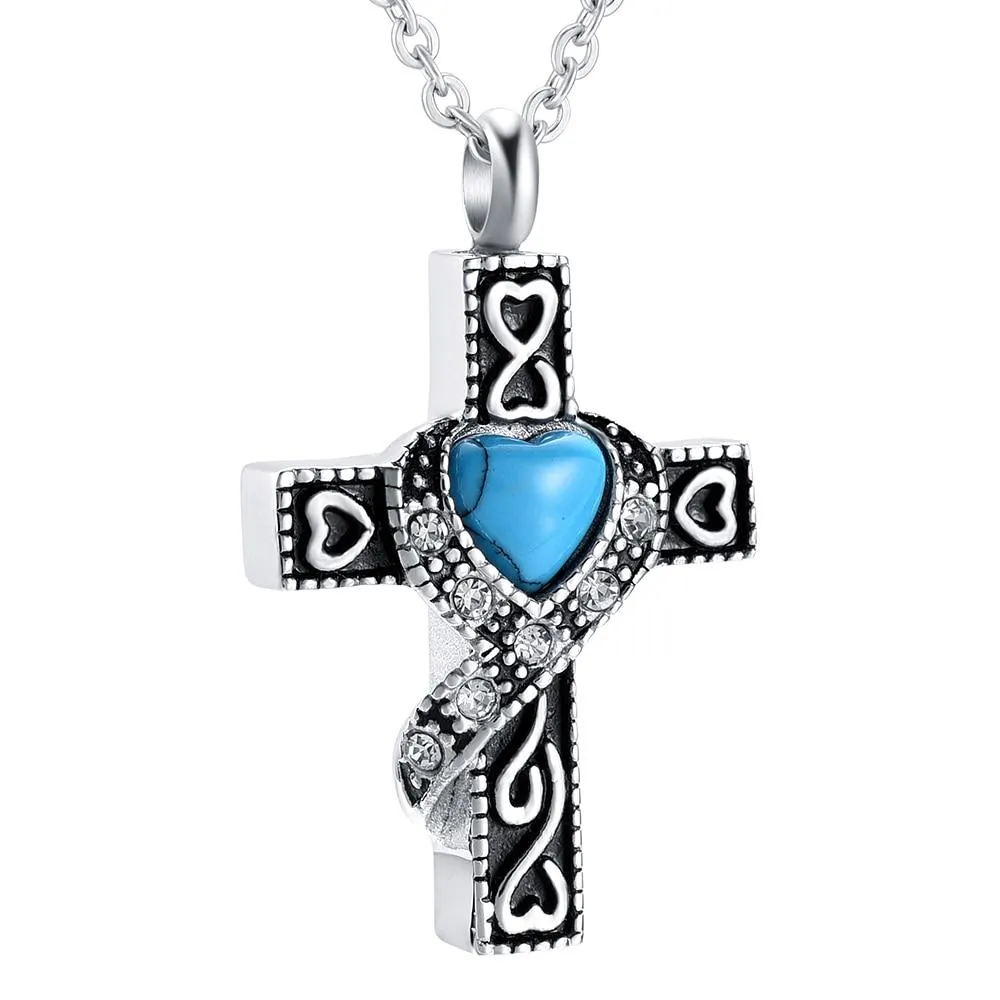 Silver Blue Heart Crystal Cross Pendant with Chain Necklace