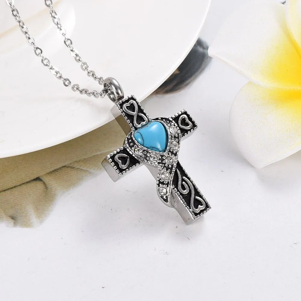 Silver Blue Heart Crystal Cross Pendant with Chain Necklace