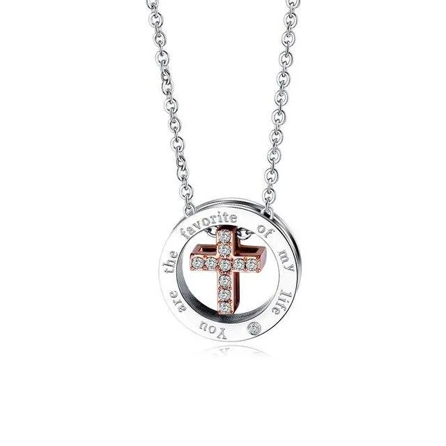 Silver Couple Cross Pendant with Crystals Engraved Message "You are The Favorite of My Life"