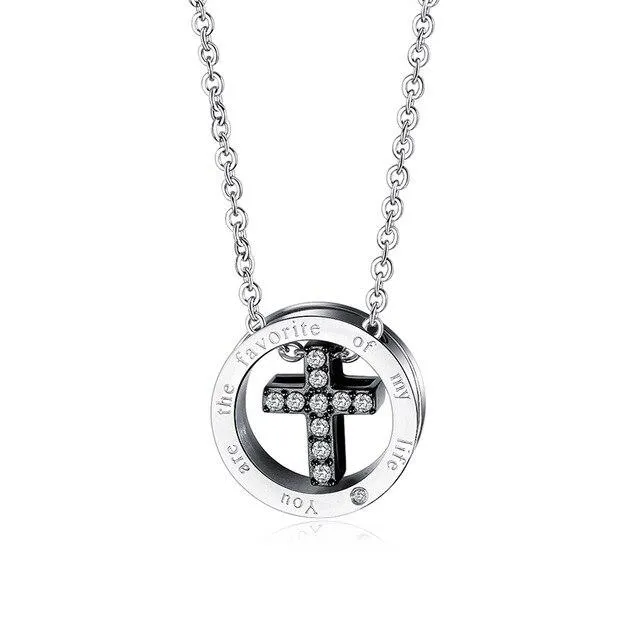 Silver Couple Cross Pendant with Crystals Engraved Message "You are The Favorite of My Life"