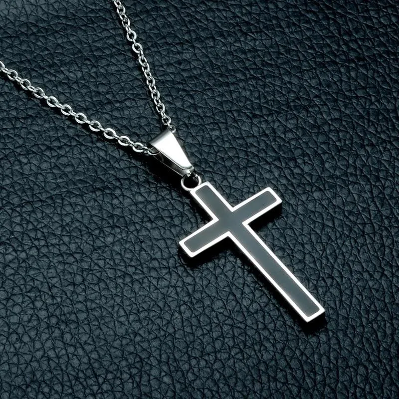 Silver Cross Pendant Necklace with Black Carbon Fiber Inlay