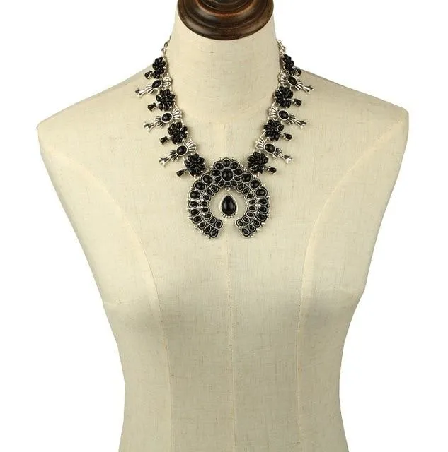 Silver Floral Squash Blossom Beaded Statement Necklace