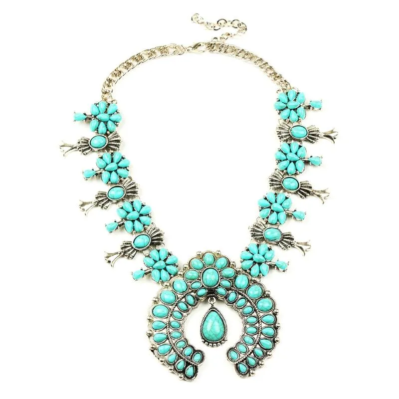 Silver Floral Squash Blossom Beaded Statement Necklace