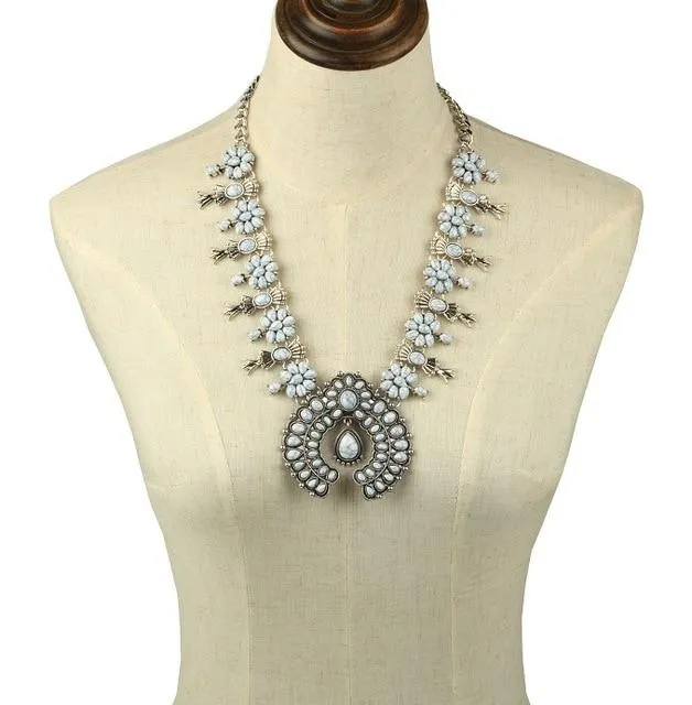 Silver Floral Squash Blossom Beaded Statement Necklace