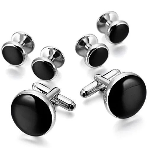 Silver Gold Two Tone Black Rose Gold Rhodium Plated Enamel Cufflinks Stud Set Tuxedo