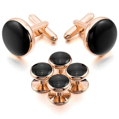 Silver Gold Two Tone Black Rose Gold Rhodium Plated Enamel Cufflinks Stud Set Tuxedo