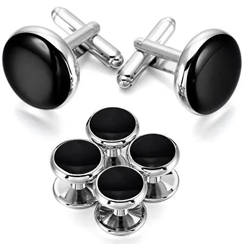 Silver Gold Two Tone Black Rose Gold Rhodium Plated Enamel Cufflinks Stud Set Tuxedo