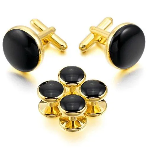 Silver Gold Two Tone Black Rose Gold Rhodium Plated Enamel Cufflinks Stud Set Tuxedo