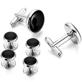 Silver Gold Two Tone Black Rose Gold Rhodium Plated Enamel Cufflinks Stud Set Tuxedo