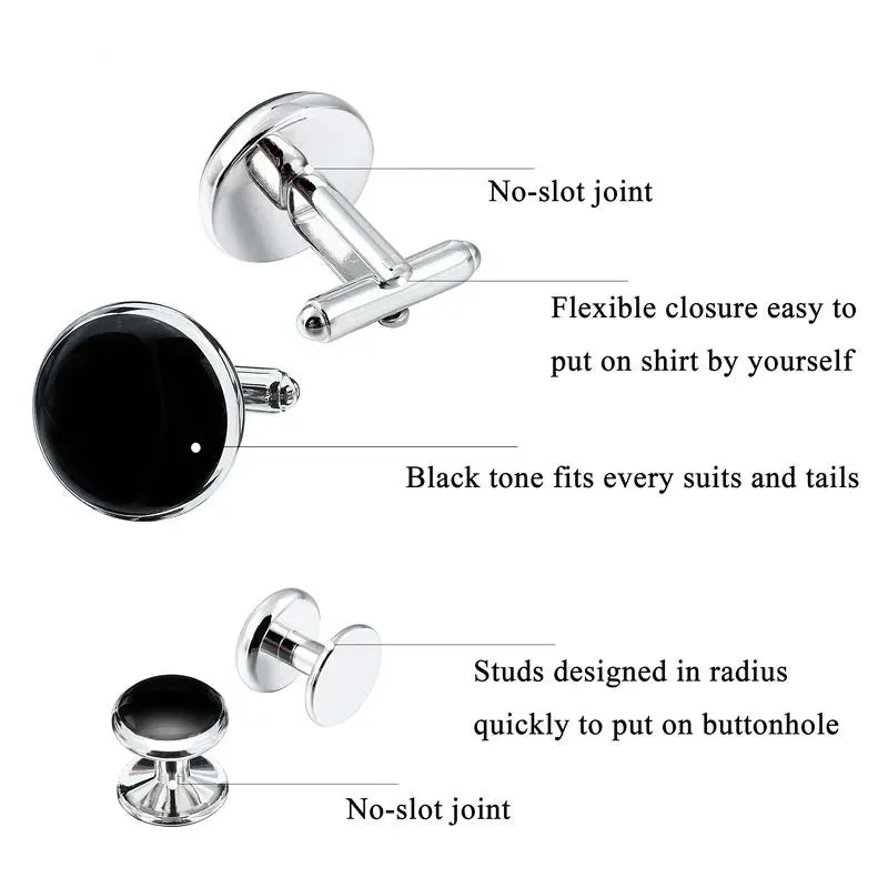 Silver Gold Two Tone Black Rose Gold Rhodium Plated Enamel Cufflinks Stud Set Tuxedo