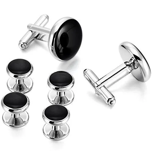 Silver Gold Two Tone Black Rose Gold Rhodium Plated Enamel Cufflinks Stud Set Tuxedo