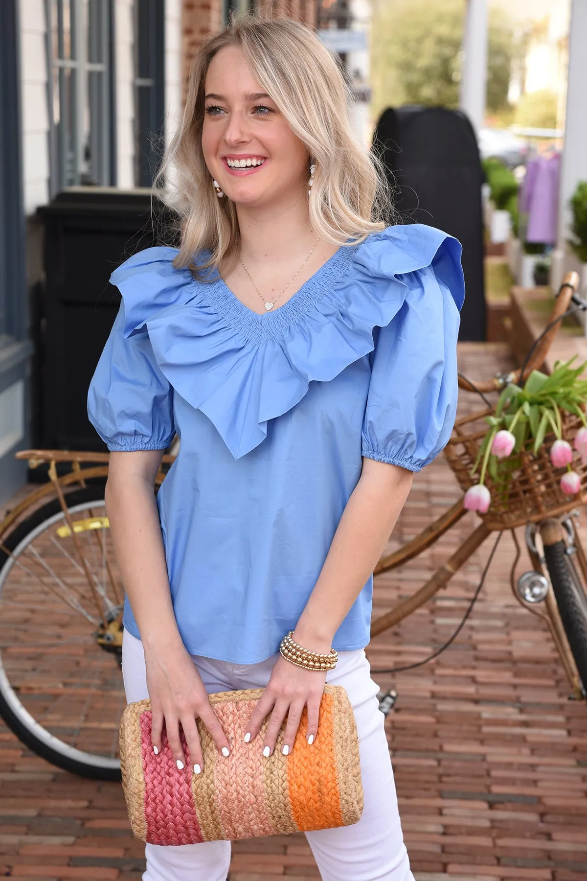 SMOCKED RUFFLE PUFF SLEEVE TOP