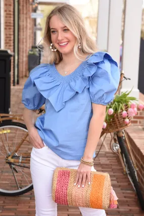 SMOCKED RUFFLE PUFF SLEEVE TOP