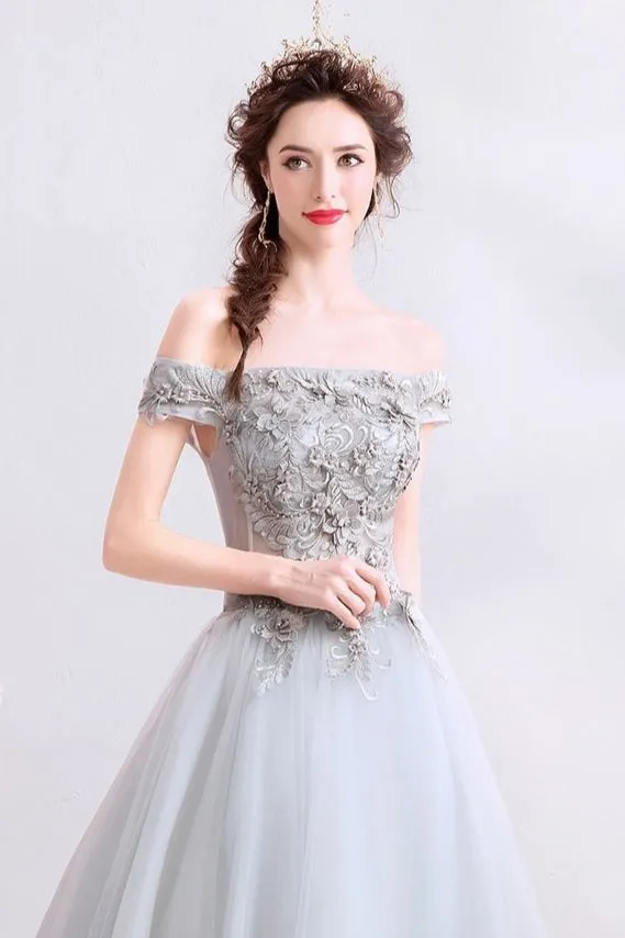 The Kimberly Off Shoulder Grey Gown