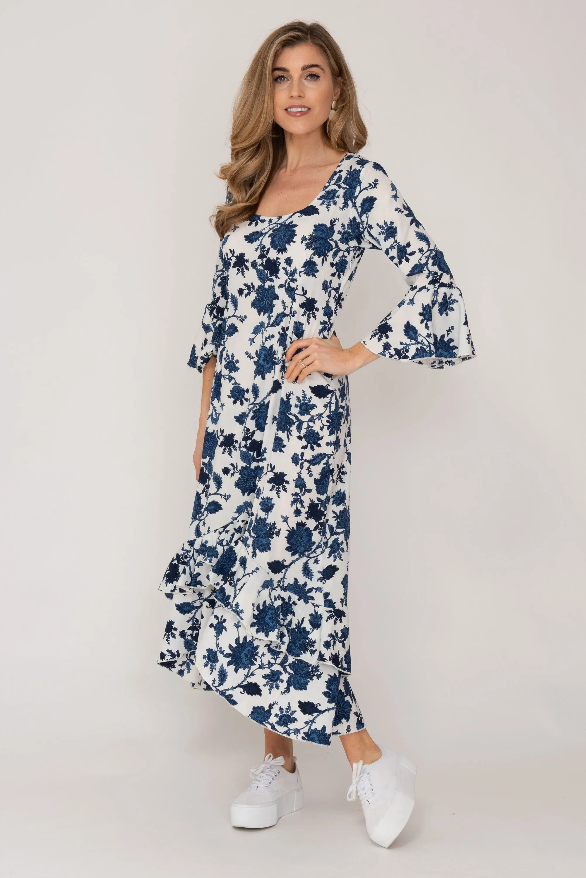 Victoria Midi Dress Blue and White Flower