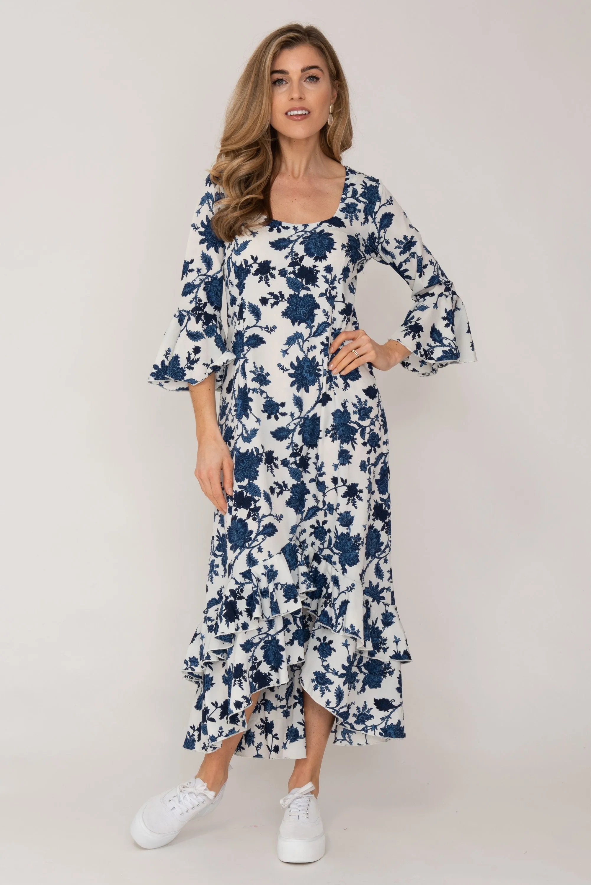 Victoria Midi Dress Blue and White Flower